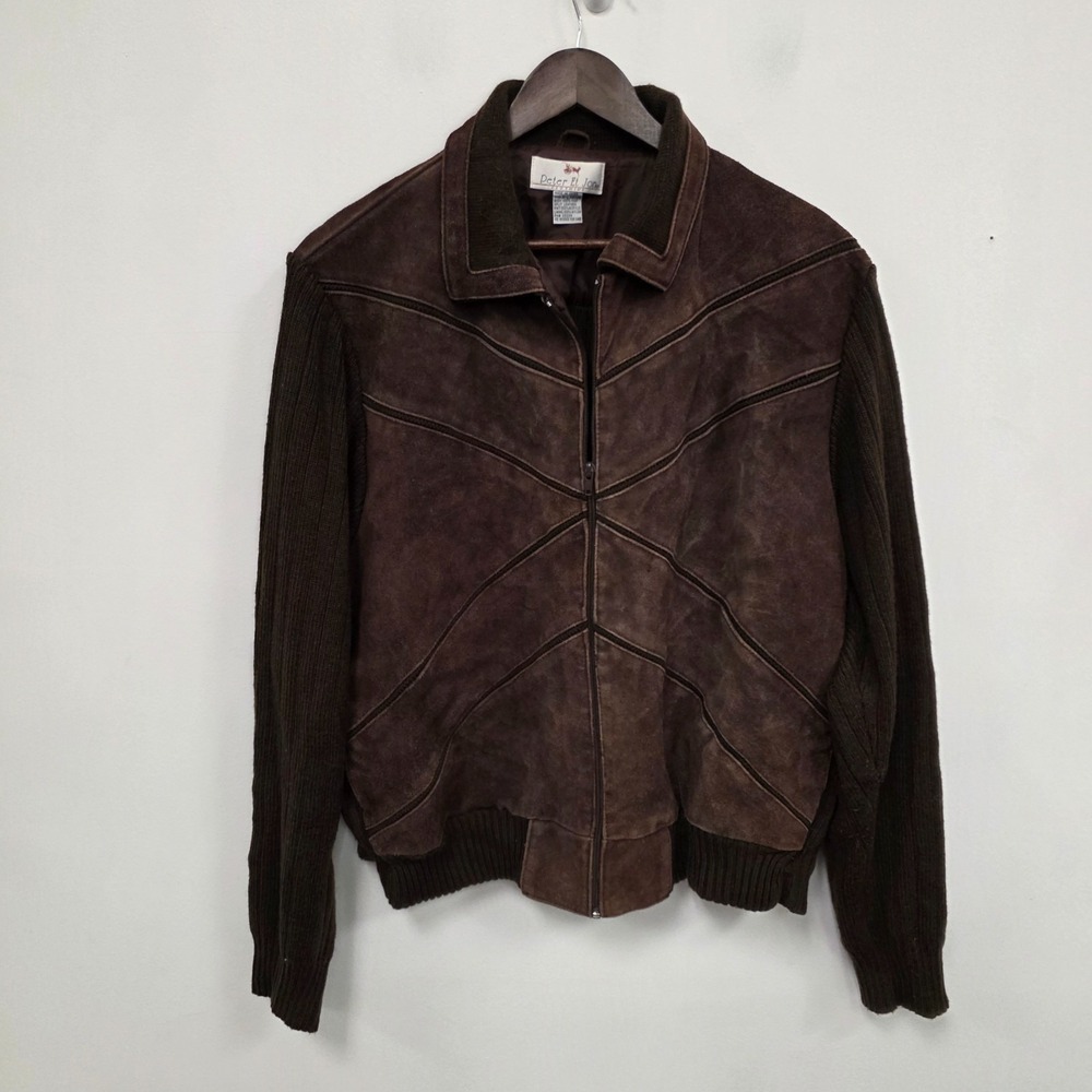 Peter Et Jon Mens Suede Zip Sweater Bomber Jacket Size XL Brown 90s Grunge Rib‎